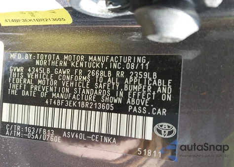 2011 Toyota Camry Le from USA, damaged, VIN 4T4BF3EK1BR213605
